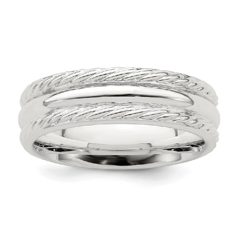 Luxury Diamond Wedding Rings-6mm Rhodium Plated Sterling Silver Polished Rope Edge Band