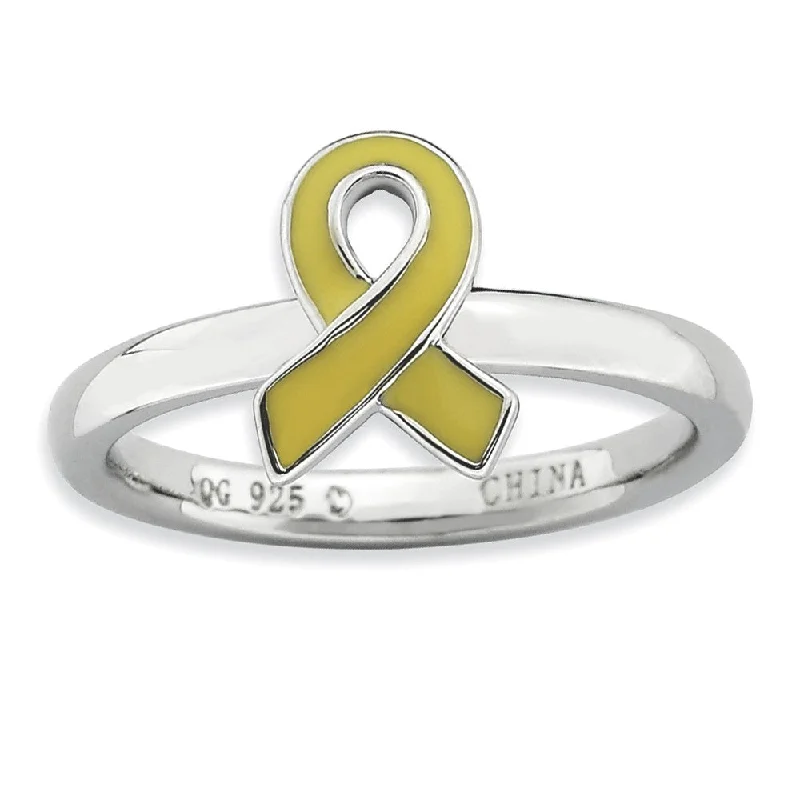 Bohemian Style Rings-Silver Stackable Yellow Enamel Awareness Ribbon Ring