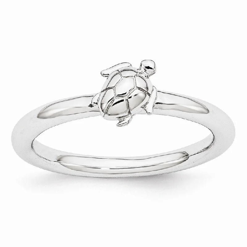 Modern Gemstone Rings-Rhodium Plated Sterling Silver Stackable 8mm Sea Turtle Ring