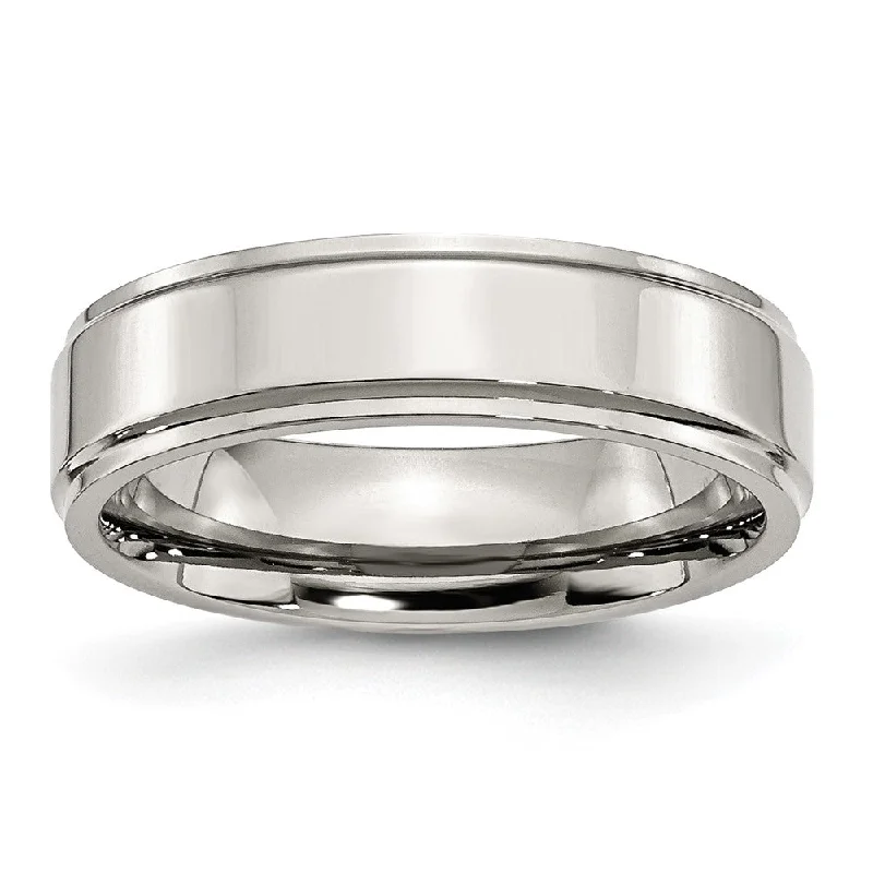 Beautiful Wedding Bands-6mm Stainless Steel Polished Ridged Edge Standard Fit Band