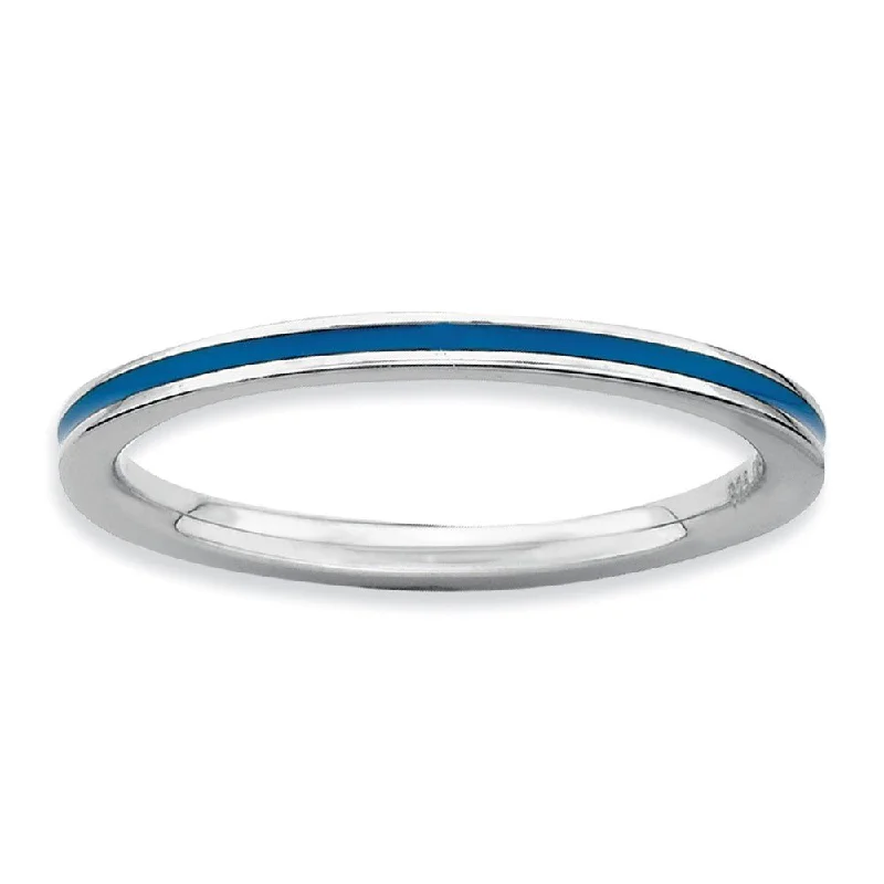 Unique Wedding Bands-1.5mm Sterling Silver Stackable Blue Enameled Band