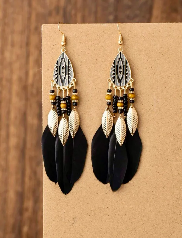 Handmade Gemstone Earrings-Black Feather Tassel Earrings