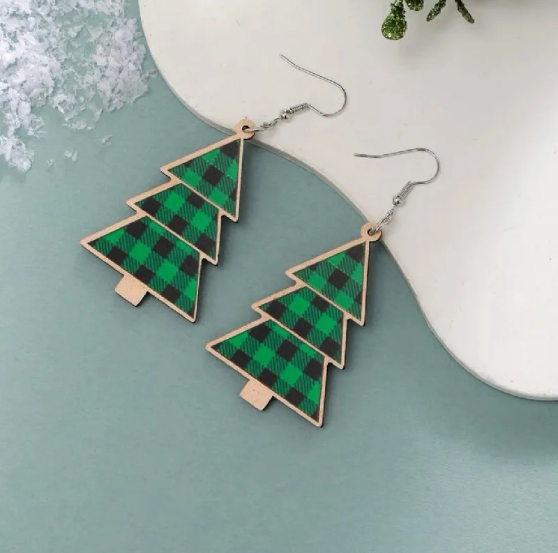 Gorgeous Pearl Earrings-Wooden Green Plaid Christmas Tree Earrings