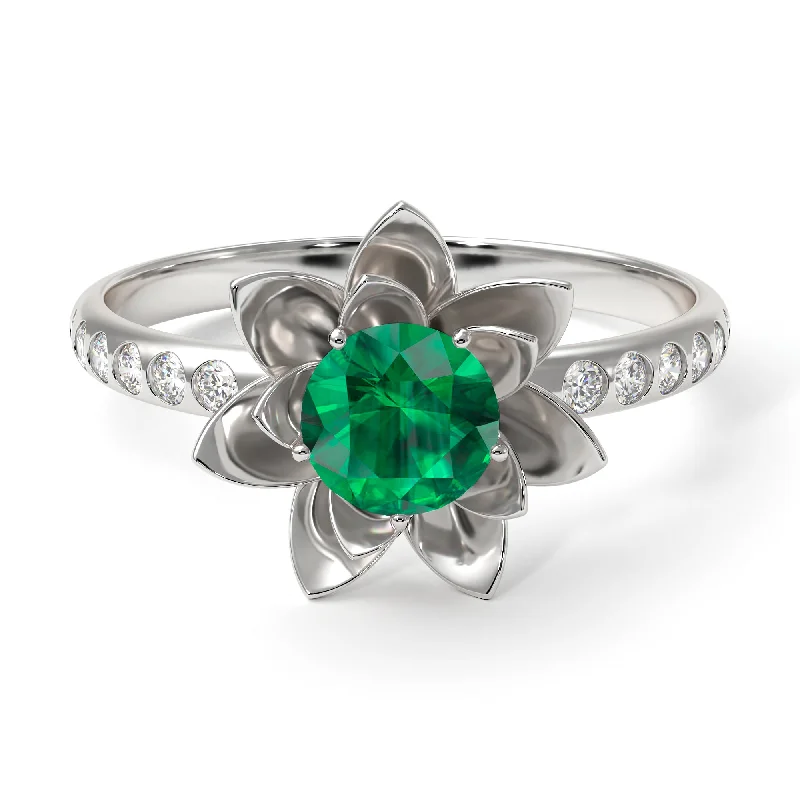 Bold Wedding Bands-Lotus Flower Emerald ring - Lotus no. 21