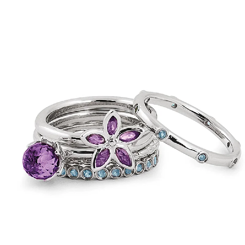 Designer Diamond Rings-Sterling Silver Stackable Amethyst & Blue Topaz Flower Ring Set