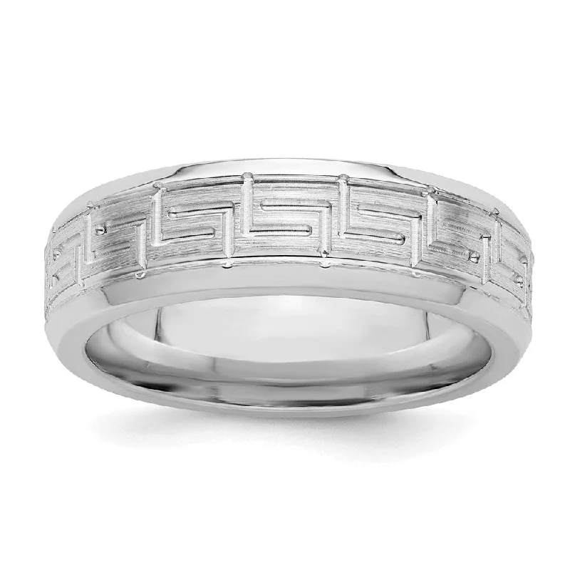 Custom Silver Engagement Rings-6mm Rhodium Plated Sterling Silver Brushed Greek Key Beveled Edge Band