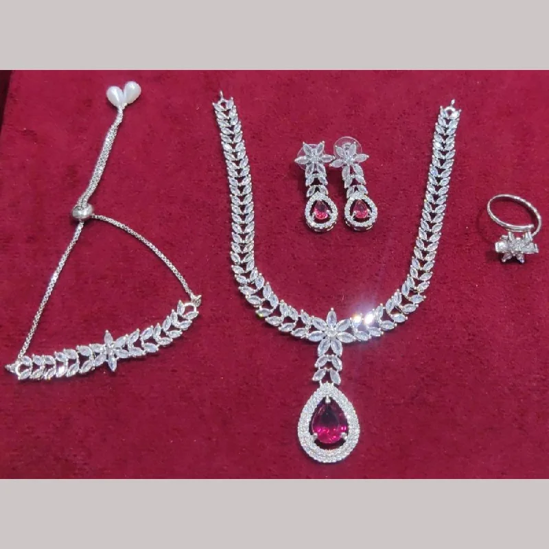 Long Silver Necklaces-Manisha Jewellery Silver Plated AD Stone Combo Set