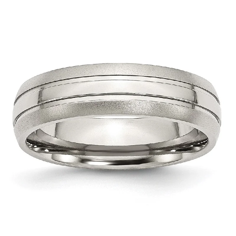 Fine Gold Rings-6mm Stainless Steel Grooved Brushed Edge Standard Fit Band