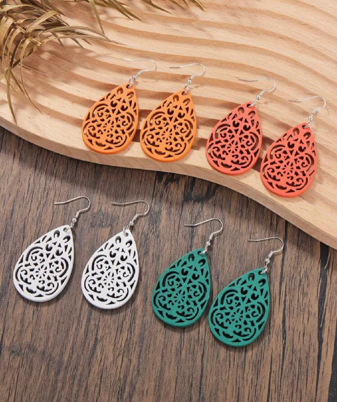 Luxury Drop Earrings-Set of 4 Hollowed Out Wooden Drop Earrings