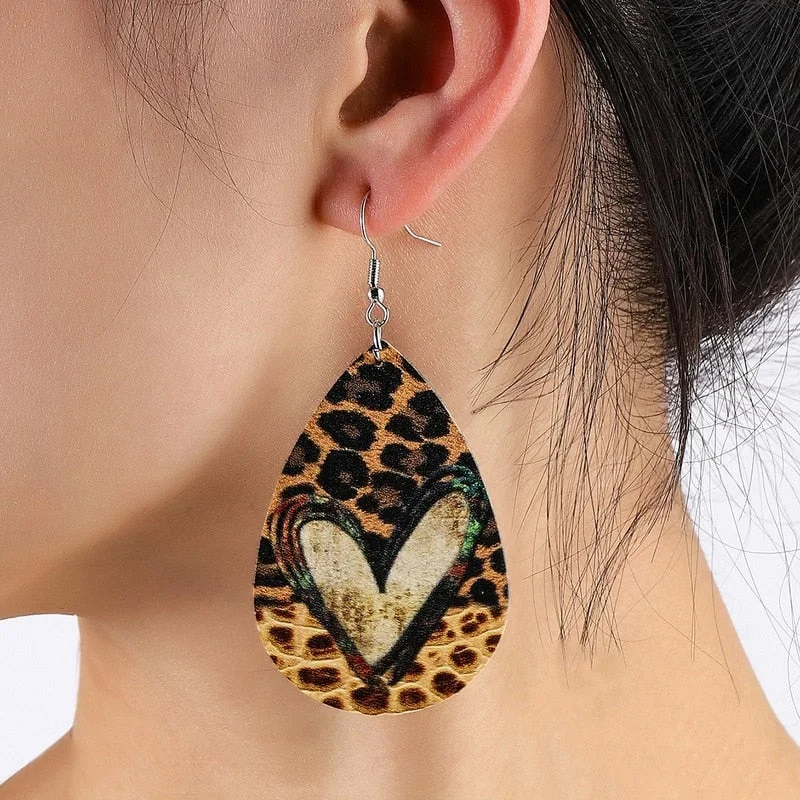 Colorful Earrings for Women-Leather Leopard Print Heart Earrings