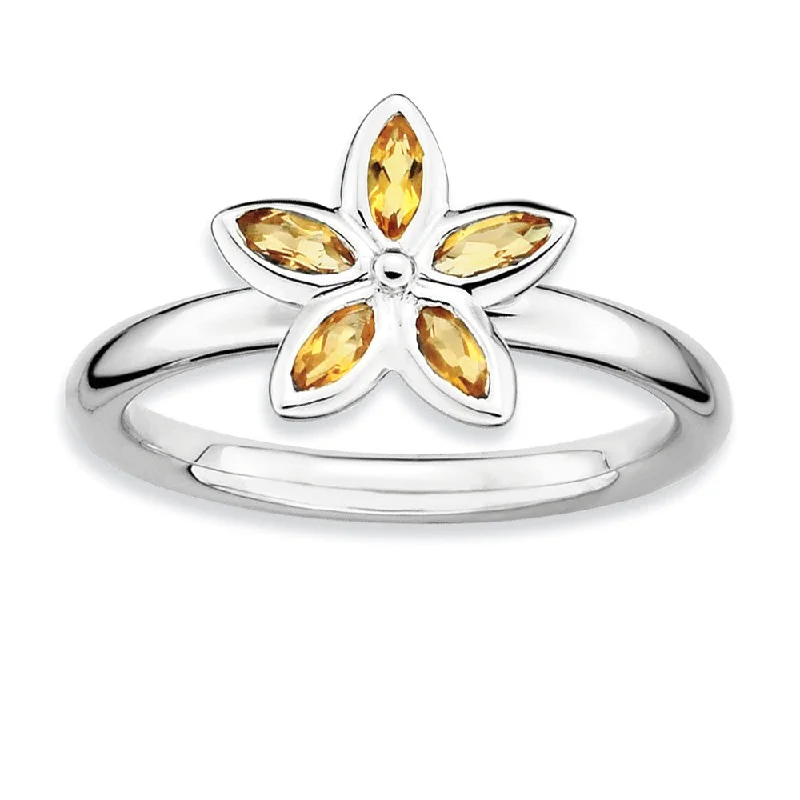 Luxury Gold Wedding Rings-Silver Stackable 1/3 Cttw Citrine Flower Ring