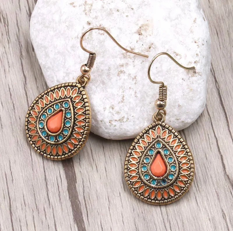 Vintage Silver Earrings-Orange and Blue Boho Earrings