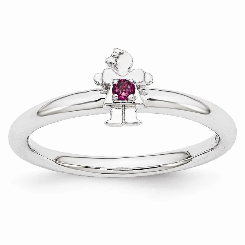 Modern Wedding Rings-Rhodium Plate Sterling Silver Stackable Rhodolite Garnet 7mm Girl Ring