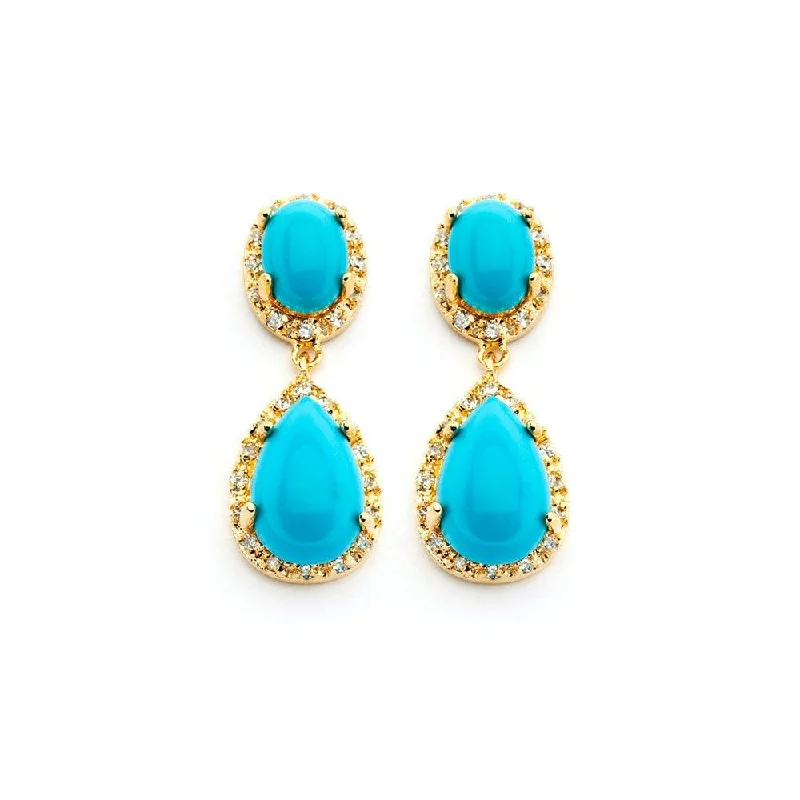 Modern Stud Earrings-Silver 925 Gold Rhodium Plated Round CZ Turquoise Teardrop Round Dangling Earrings - BGE00351