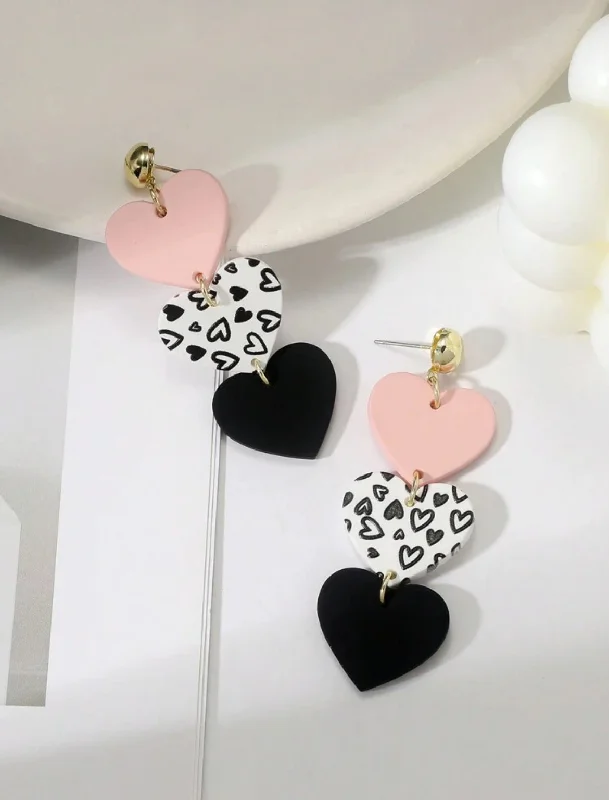 Trendy Pearl Earrings-Beautiful Light Pink, Black, and White Acrylic Heart Earrings