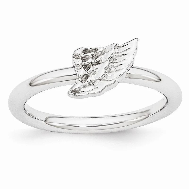 Women’s Statement Rings-Rhodium Plated Sterling Silver Stackable 6mm Angel Wing Ring