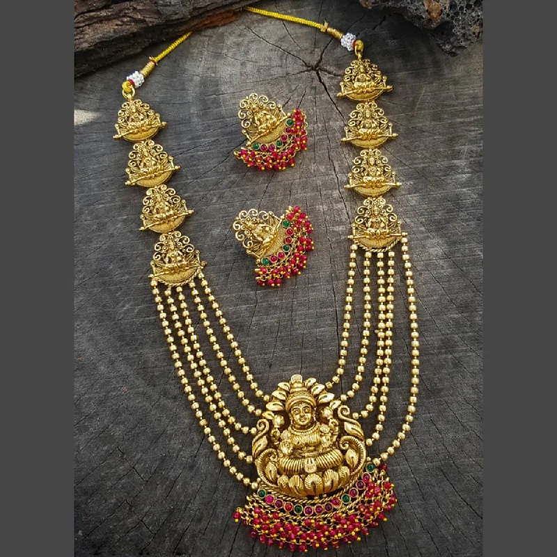 Vintage Diamond Necklaces-Sangita Creation  Copper Gold  Pota Stone Temple Long  Necklace Set