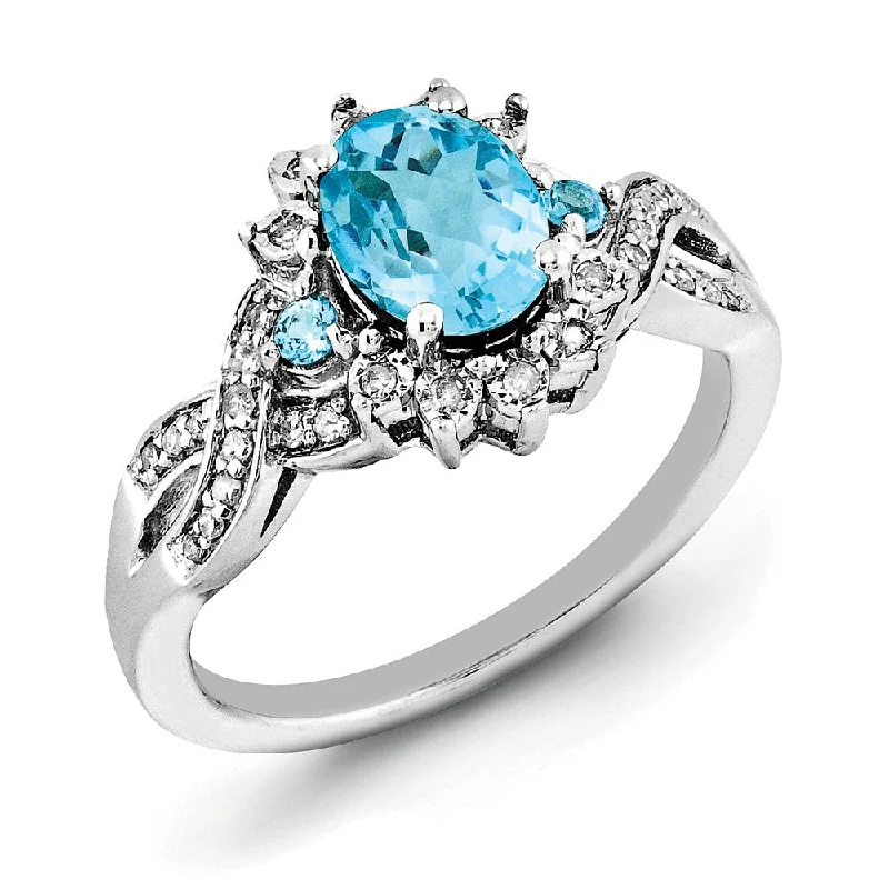 Sterling Silver Rings-Oval Light Blue Topaz & .15 Ctw Diamond Halo Sterling Silver Ring