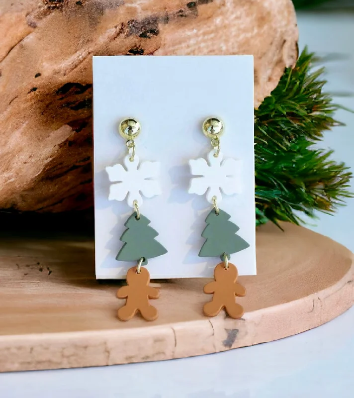 Dainty Gold Earrings-Acrylic Snowflake, Christmas Tree, and Gingerbread Man Holiday Stud Drop Earrings