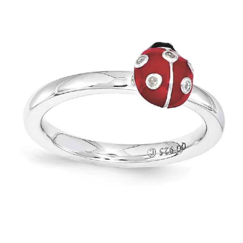 Colored Diamond Rings-Sterling Silver Stackable Enamel .015Ctw Diamond 7mm Ladybug Ring