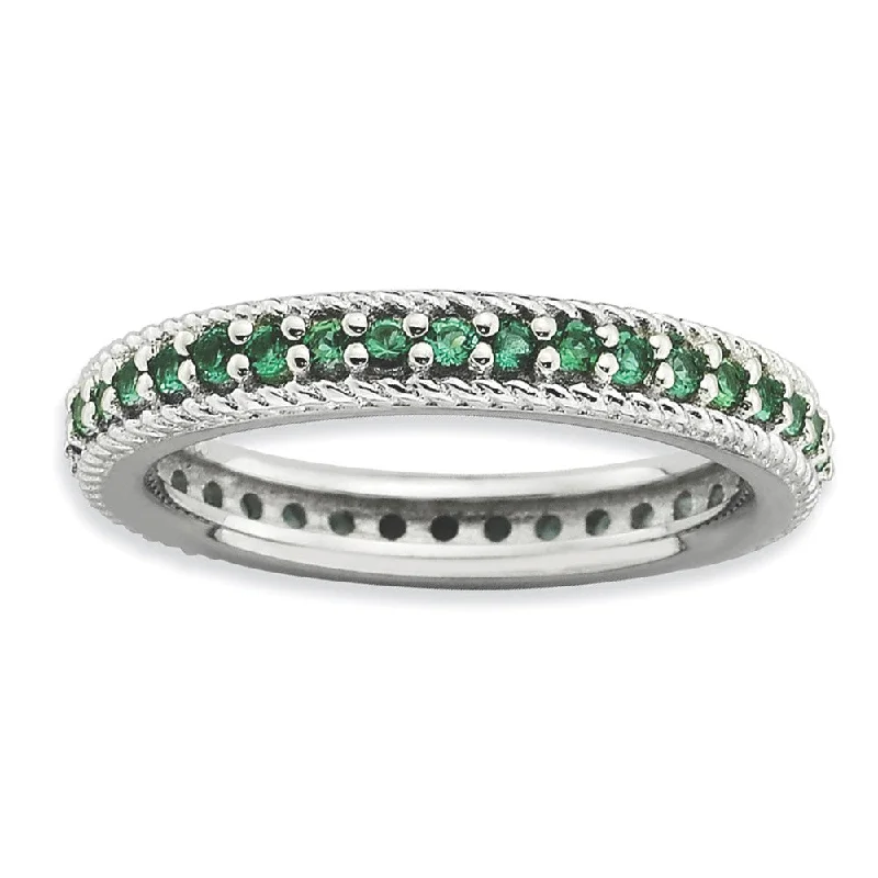 Fashionable Gold Rings-3.25mm Sterling Silver Stackable Created Emerald Eternity Ring