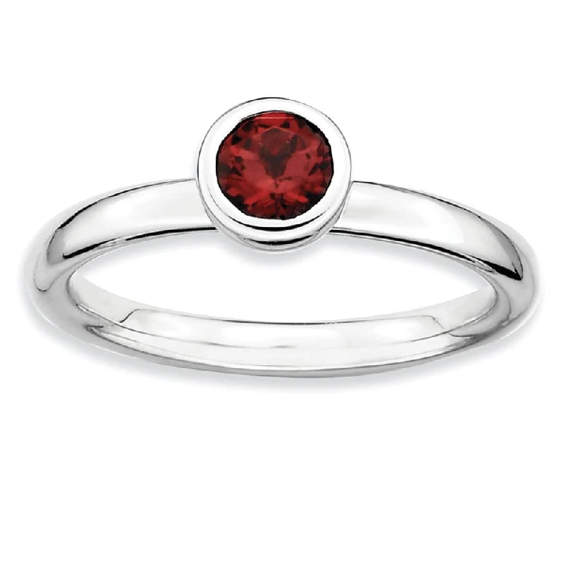 Elegant Silver Rings-Sterling Silver & Garnet Stackable Low Profile 5mm Solitaire Ring