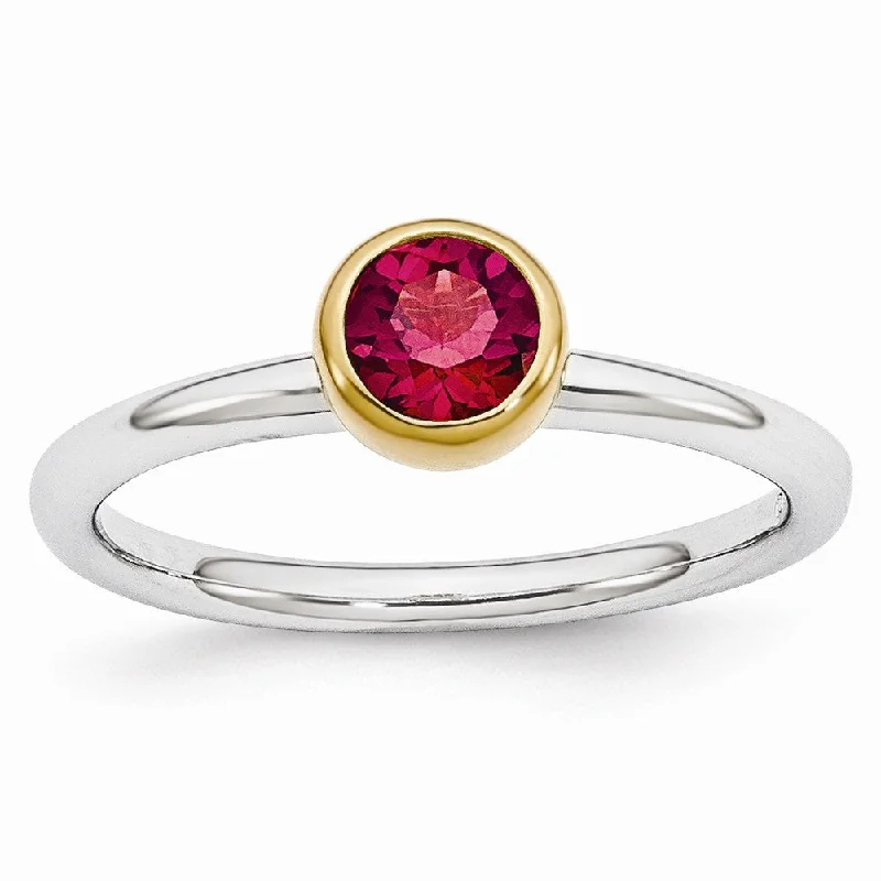 High-End Wedding Bands-Two Tone Sterling Silver Stackable 5mm Round Created Ruby Ring