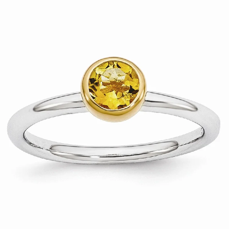 Personalized Engagement Ring Sets-Two Tone Sterling Silver Stackable 5mm Round Citrine Ring