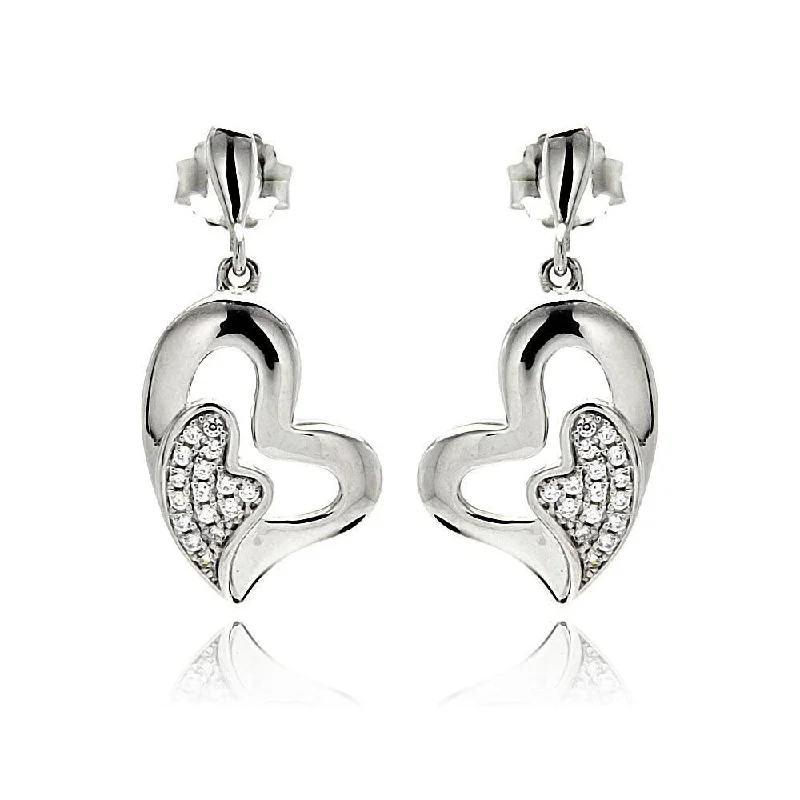 Fashionable Pearl Earrings-Silver 925 Rhodium Plated Micro Pave Clear Heart Inlay CZ Dangling Earrings - ACE00077