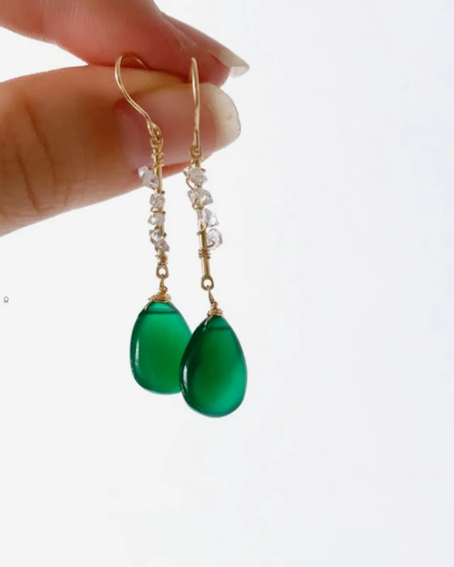 Fashionable Statement Earrings-Green Onyx and Herkimer Diamonds Earrings