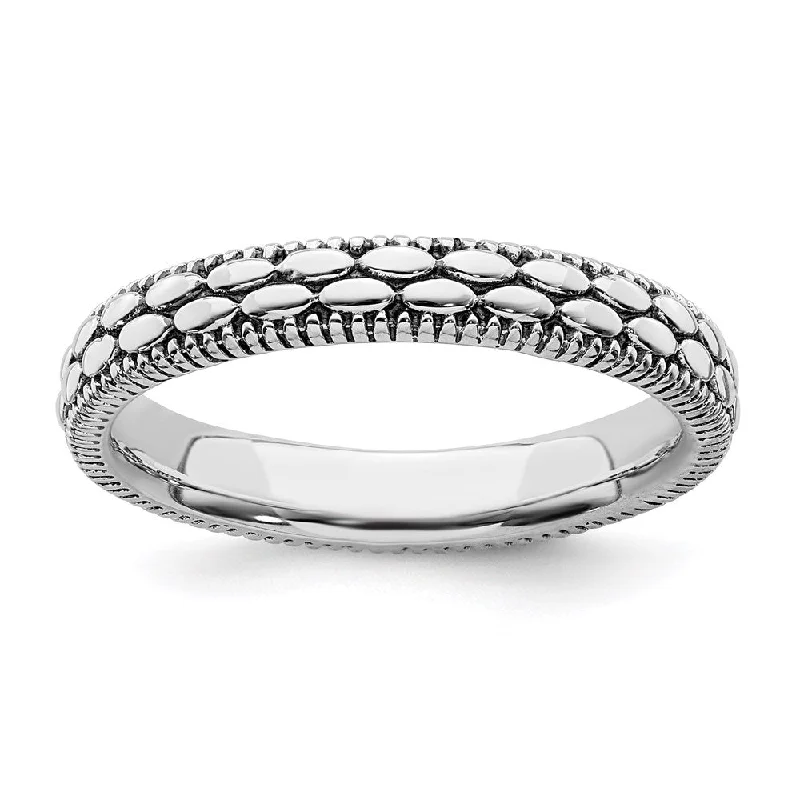 Wedding Bands for Women-3.5mm Sterling Silver Stackable Antiqued Bead Patterned Band