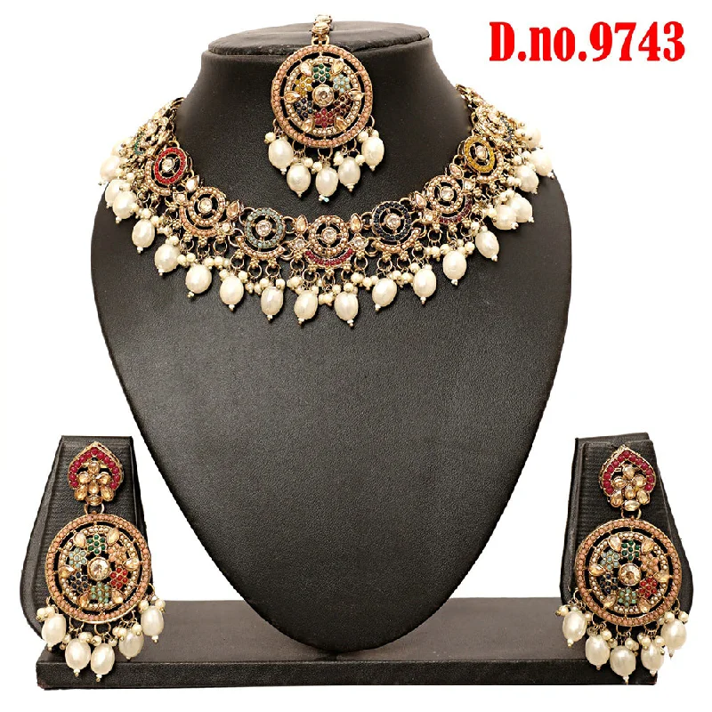 Modern Gemstone Necklaces-Rudraksh Art Gold Plated Crystal Stone Pearls And Beads Necklace Set