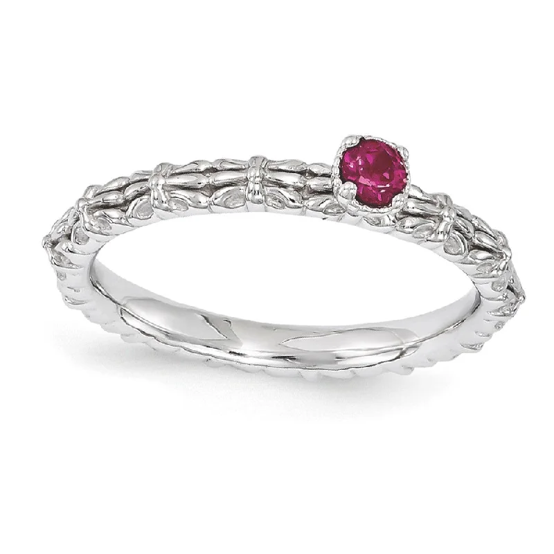 Unique Diamond Rings-Sterling Silver Stackable Created Ruby Round Single Stone Ring