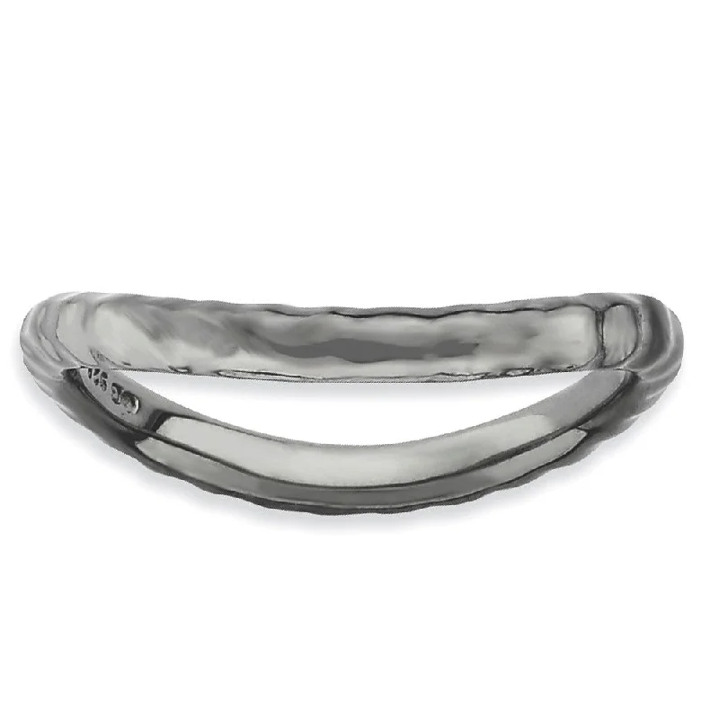 Fashionable Statement Rings-2.25mm Stackable Black Plated Silver Curved Hammered Band