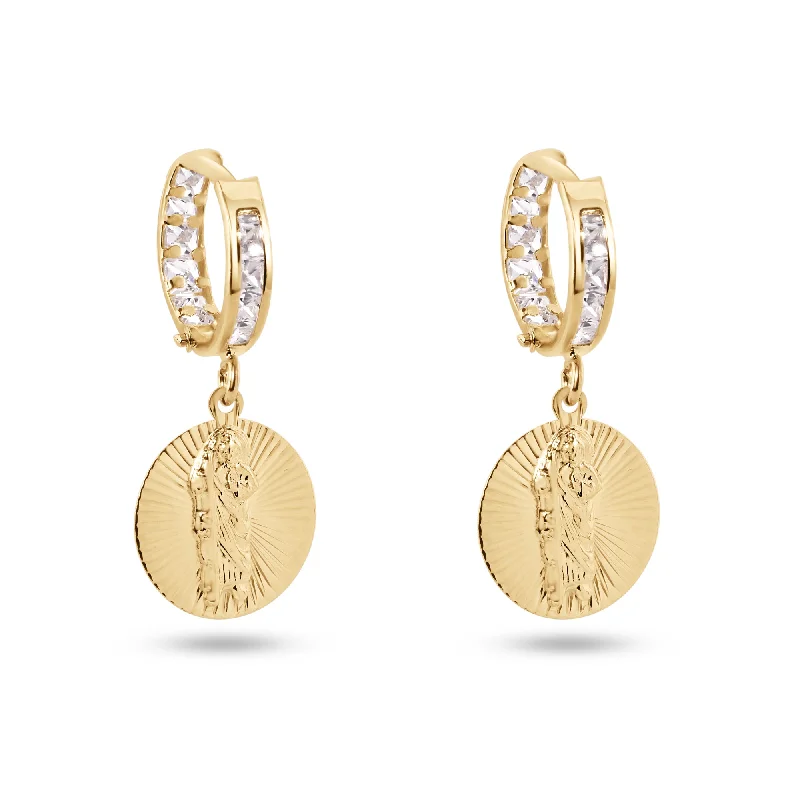 Glittery Silver Earrings-14E00420. - 14 Karat Yellow Gold Diamond Cut Dangling Saint Jude Clear CZ 12mm Hoop Earrings