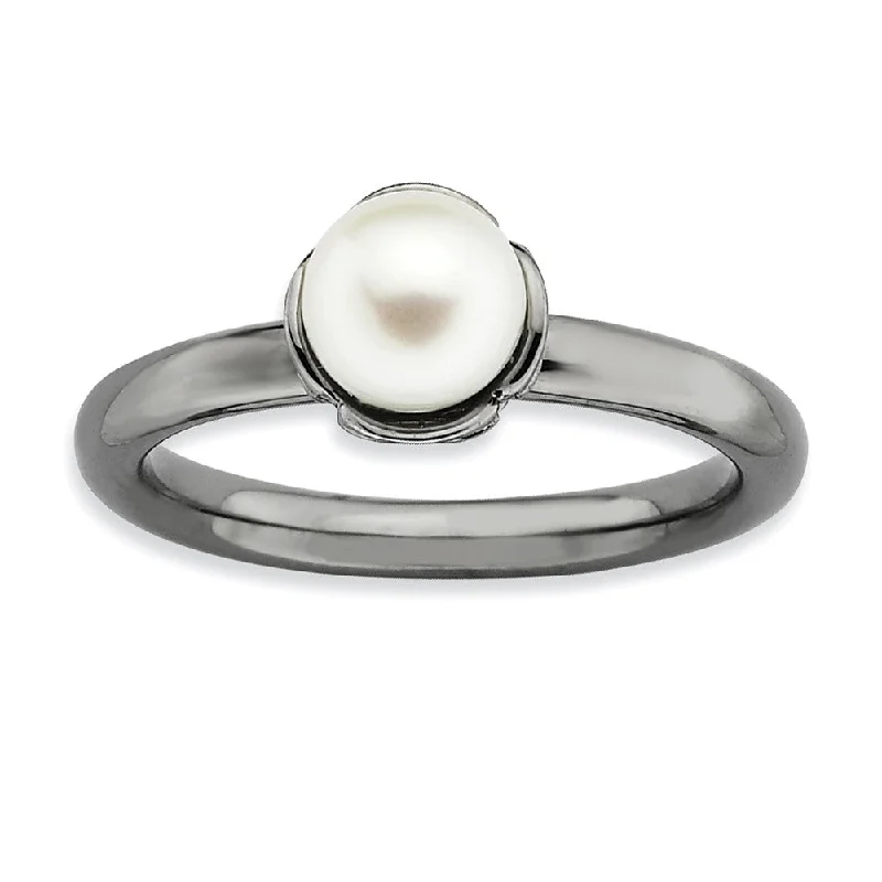 High-Quality Wedding Bands-White FW Cultured Pearl & Black-plated Sterling Silver Stack Ring