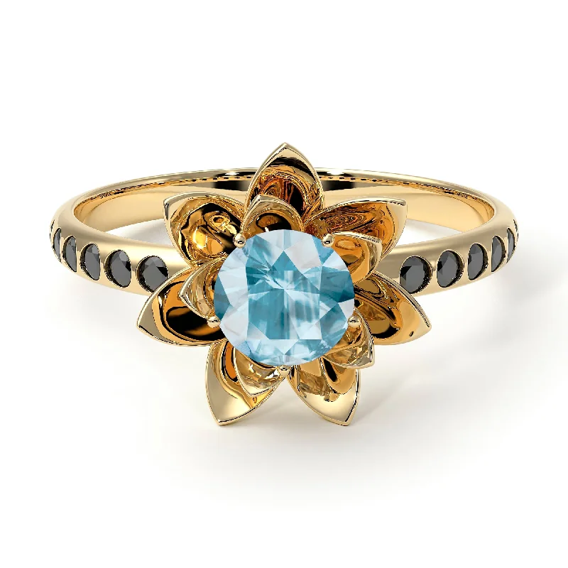 Custom Gemstone Wedding Bands-Lotus Flower Aquamarine ring - Lotus no. 404