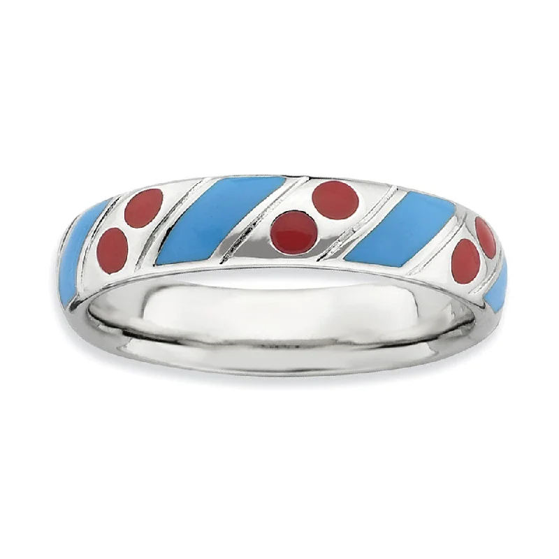 Personalized Name Rings-4.5mm Silver Stackable Blue and Red Enameled Band