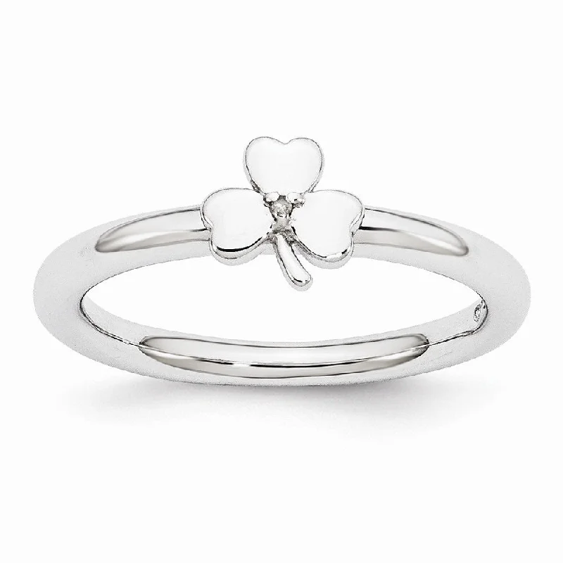 Simple Solitaire Rings-Rhodium Sterling Silver .005 Ctw  Diamond 6mm Clover Stackable Ring