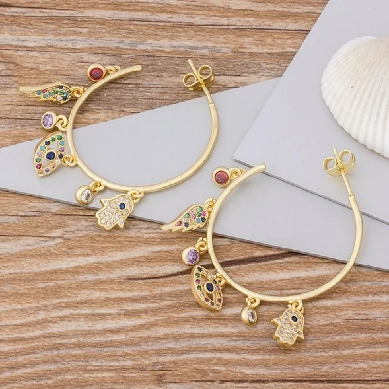 Beautiful Hoop Earrings-Gold Plated Hamsa Evil Eye Earrings