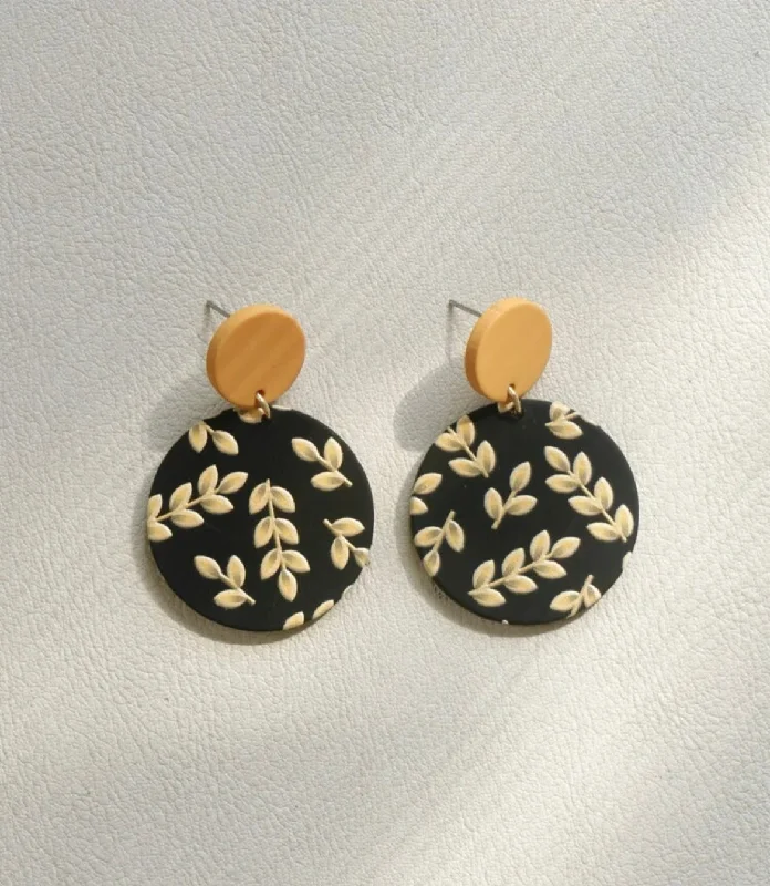 Round Drop Earrings-Black and Yellow Leaf Acrylic Earrings