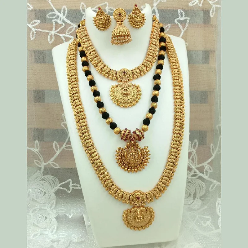 Beautiful Heart Pendant Necklaces-Fs Collection Gold Plated Pota Stone Temple Long Necklace Combo Set