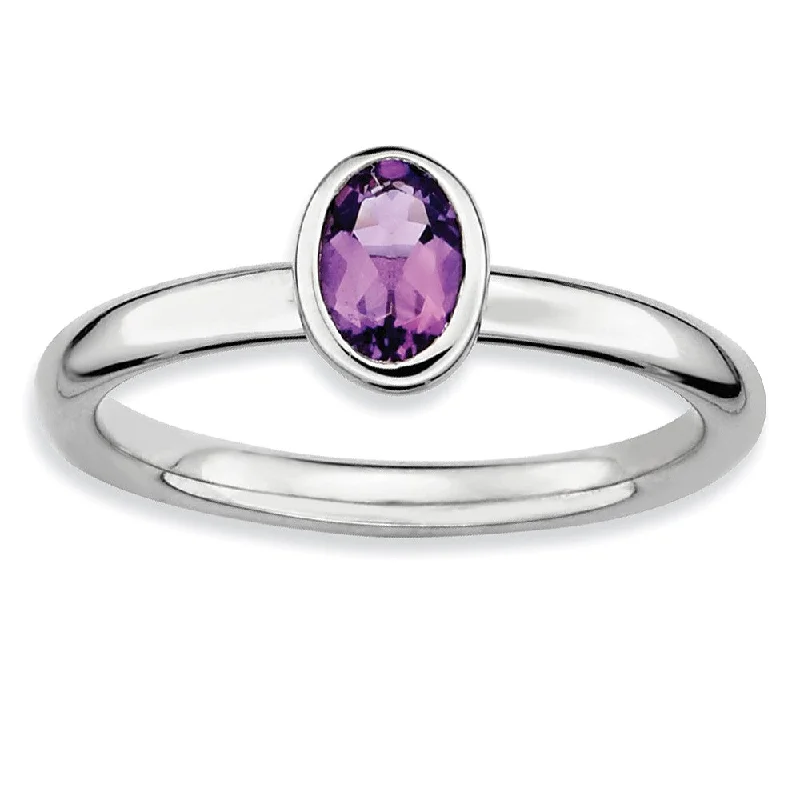 Simple Gemstone Wedding Rings-Sterling Silver & Amethyst Stackable Oval Solitaire Ring