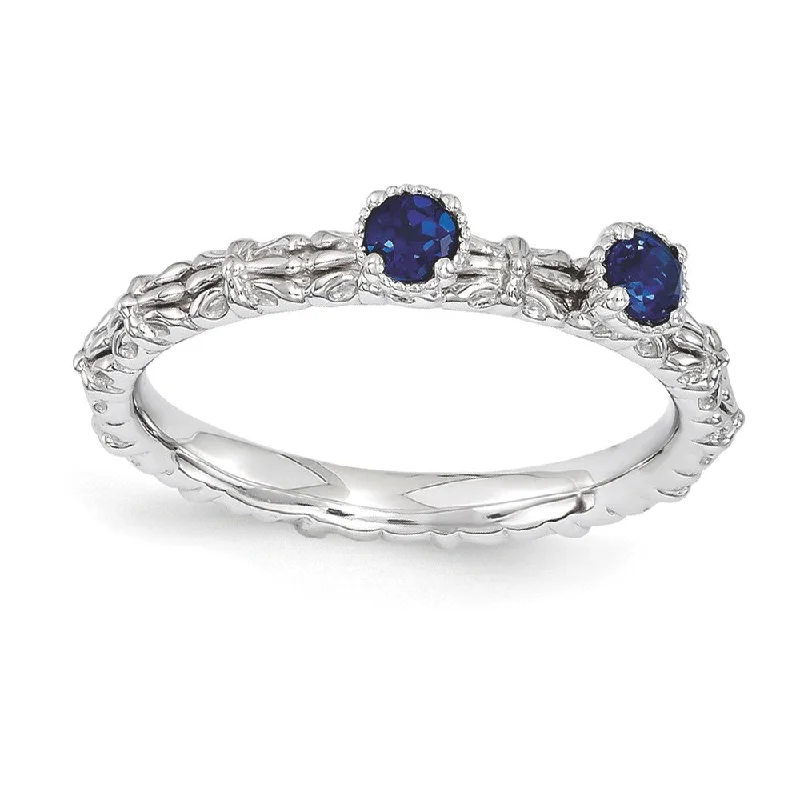 Classic Gemstone Rings-Sterling Silver Stackable Created Sapphire Round Two Stone Ring