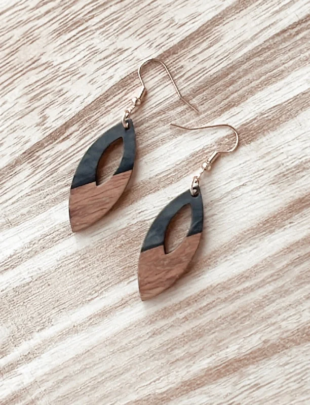 Custom Gold Earrings-Oval Wood and Charcoal Drop Earrings