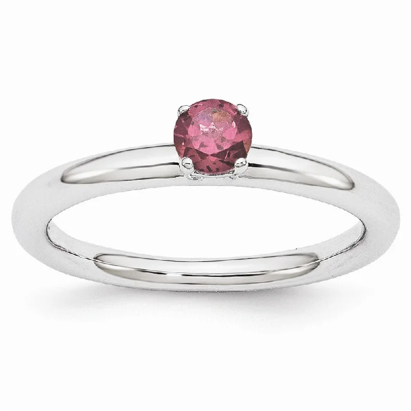 Vintage Wedding Rings-Rhodium Plated Sterling Silver Stackable 4mm Rhodolite Garnet Ring