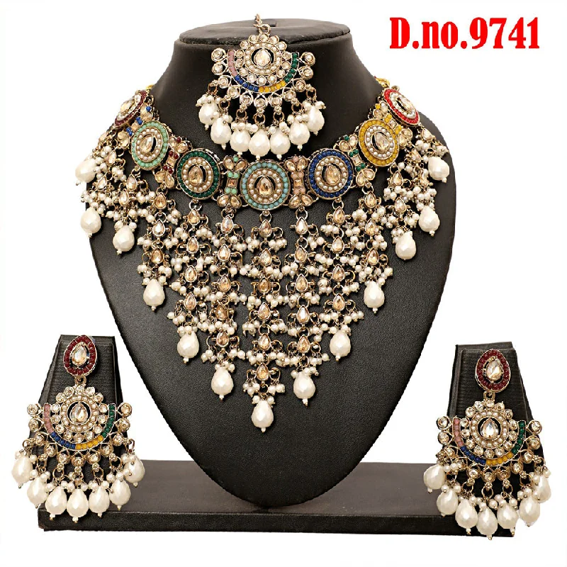 Designer Gold Necklaces-Rudraksh Art Gold Plated Crystal Stone Pearls And Beads Necklace Set