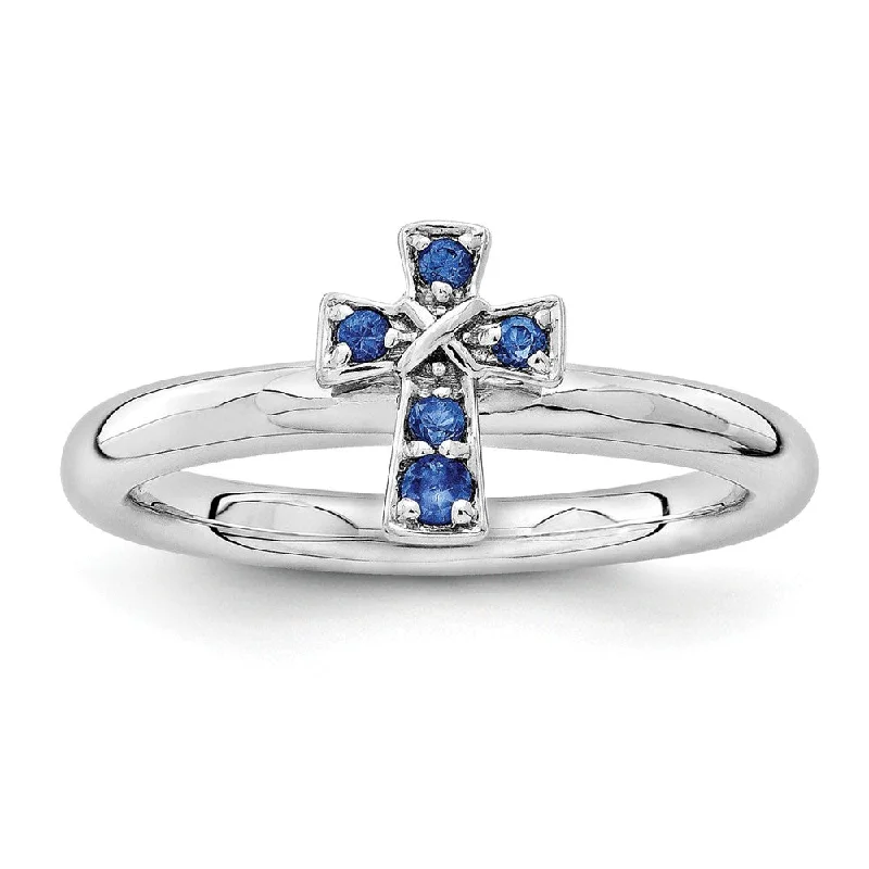 Unique Diamond Wedding Bands-Rhodium Sterling Silver Stackable Created Sapphire 9mm Cross Ring