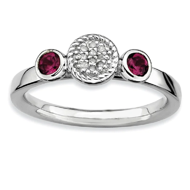 Designer Gemstone Rings-Sterling Silver Stackable Rhodolite Garnet & .05Ctw HI/I3 Diamond Ring