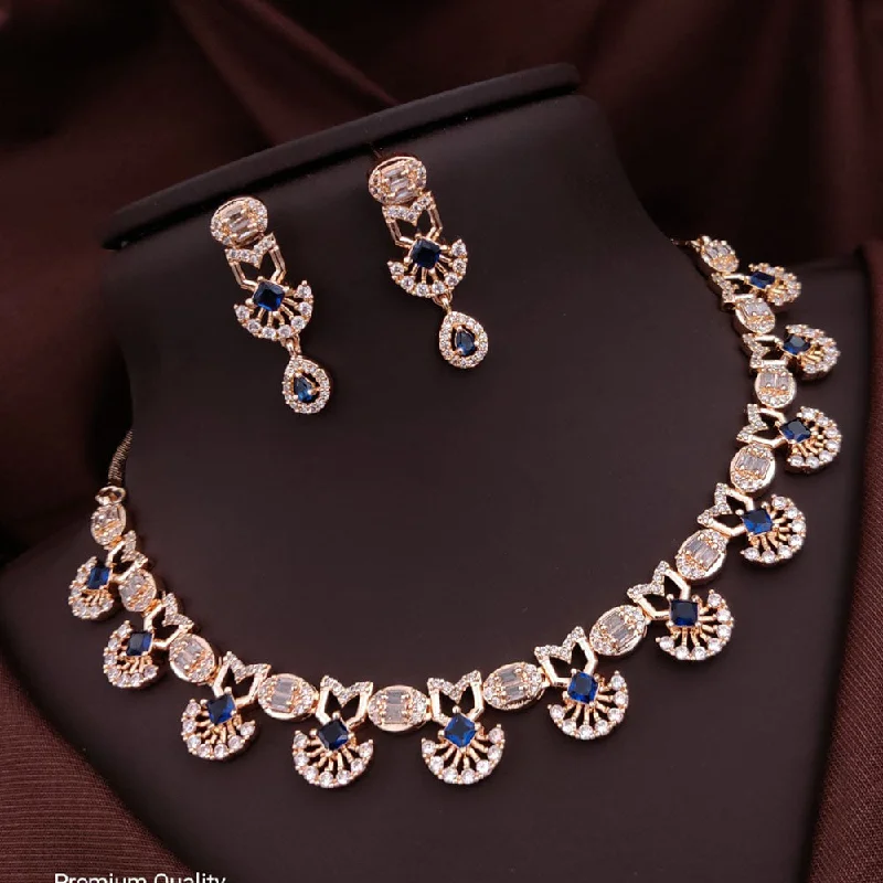 Delicate Gold Necklaces-Akruti Collection Rose Gold Plated American Diamonds Necklace Set